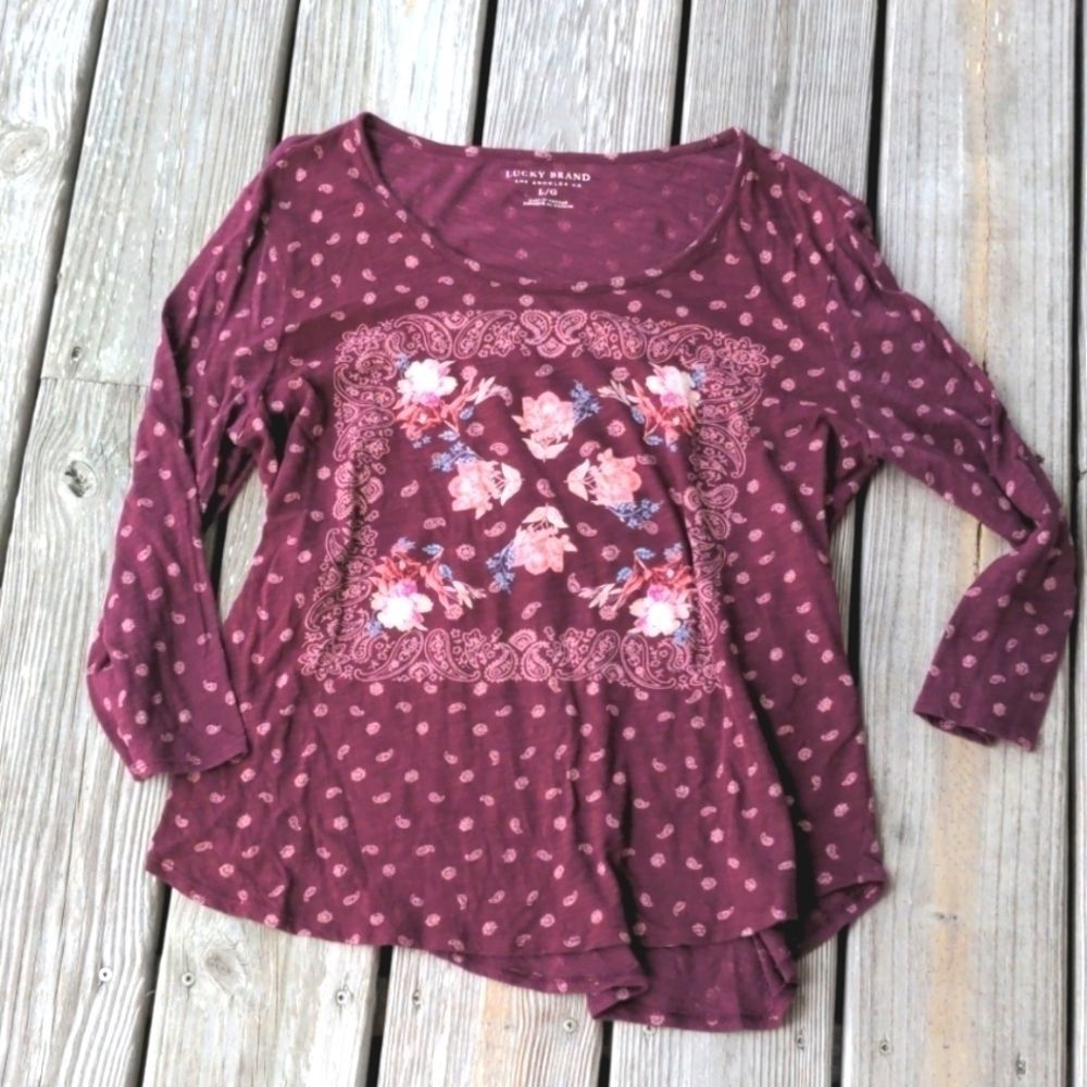 Lucky Brand burgundy Paisley floral tee